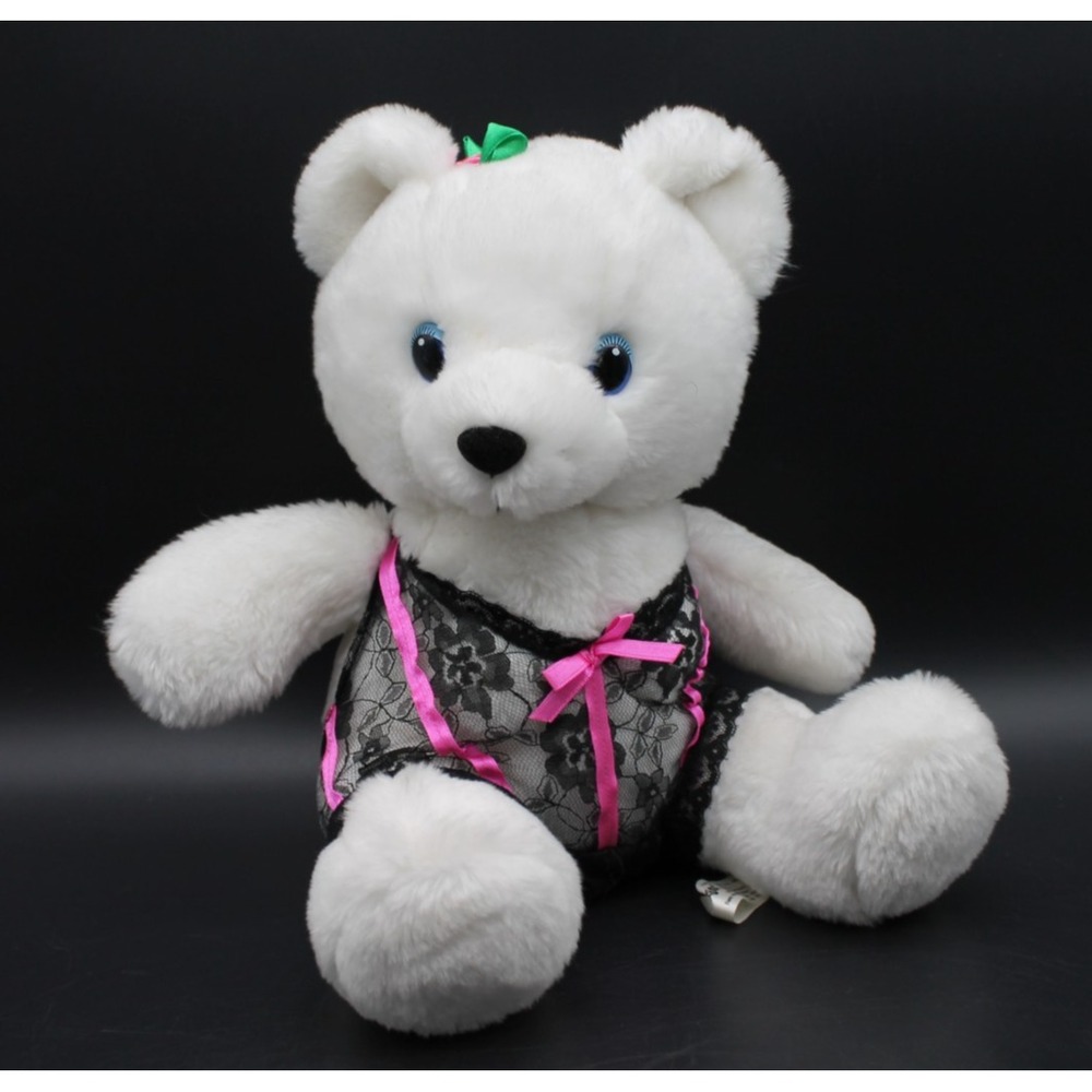 Boudoir Bear Plush White Teddy Bear Lingerie Outfit Black Lace Pink Trim